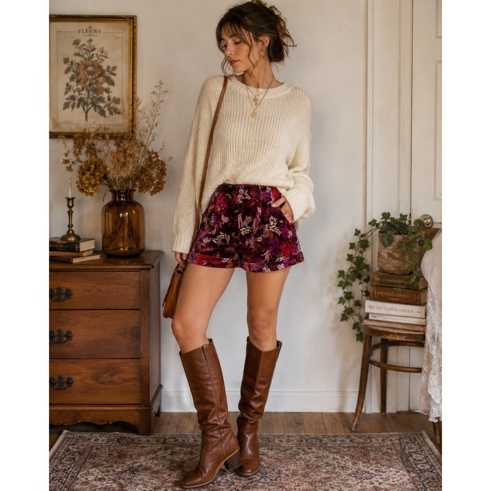 Vintage Fossil Floral Velvet‎ Shorts Size 2 Cotton Burgundy Pink